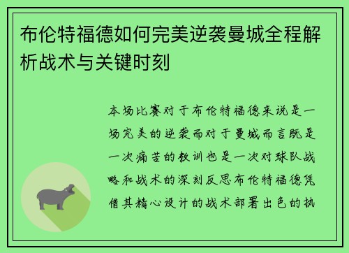 布伦特福德如何完美逆袭曼城全程解析战术与关键时刻